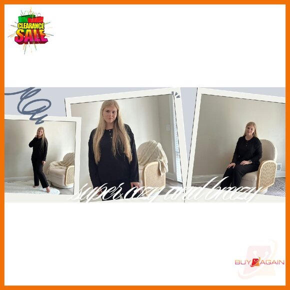 Ribbed Knit Lounge Set Long Sleeve Henley Top & Pants Sleepwear - Picture 7 of 8